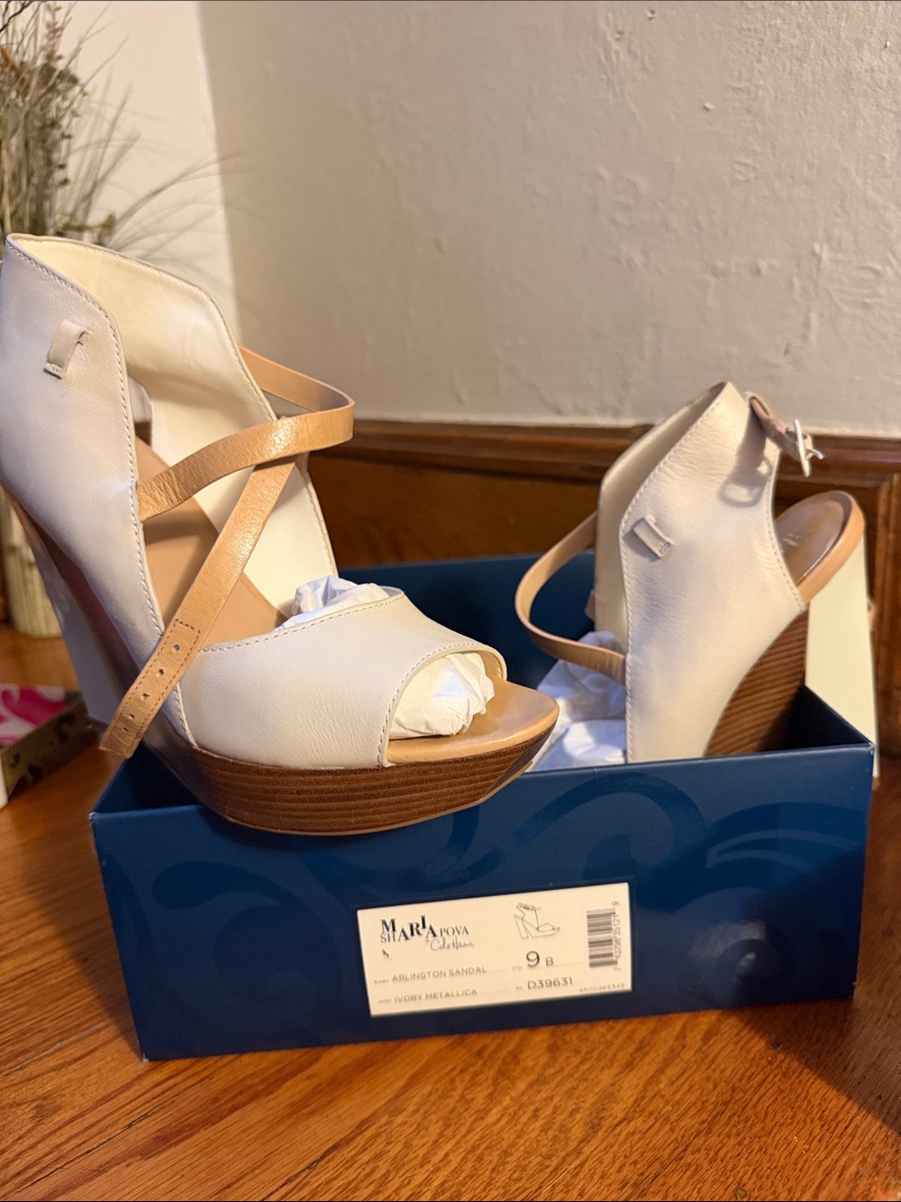 Cole Haan Cream Wedge Sandals with Tan Straps